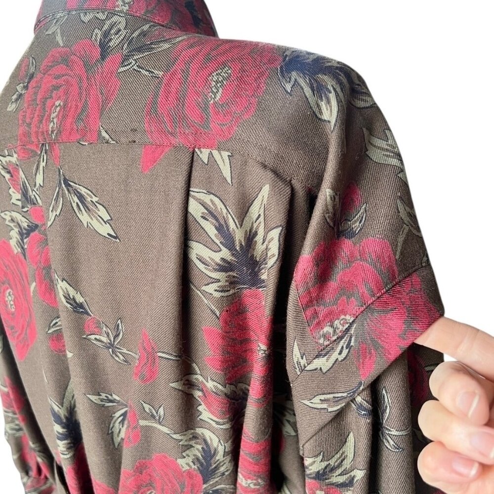 Rickie Freeman Teri Jon Belted 100% Wool Dress Women’s 14 Red Rose Print Brown - Picture 3 of 16